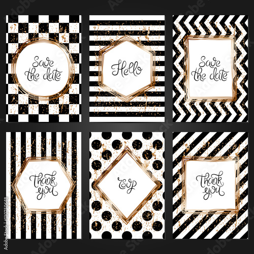 Collection of 6 vintage card templates  in black and white colors and with copper frame. For the wedding, marriage, save the date cards, invitations, greetings.