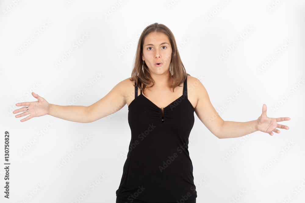 Beautiful woman doing different expressions in different sets of clothes: surprise Beautiful woman doing different expressions in different sets of clothes: surprise