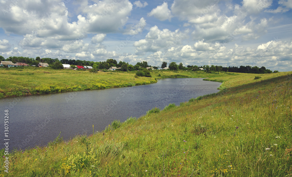 Summer countryside landscape with river