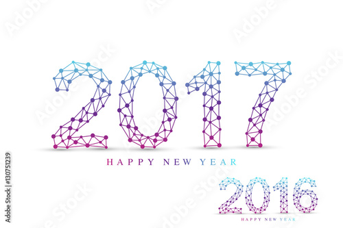 Text design Christmas and Happy new year 2017 or 2016 . Connected lines with dots. Lines plexus. Scientific cybernetic vector illustration.