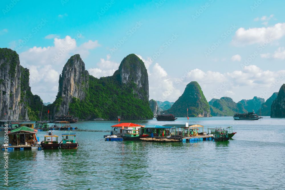 Floating village, boat cruise, Halong Bay, Vietnam