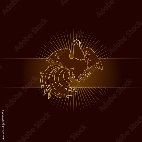 2017, the Year of the Fire Rooster in Chinese Horoscope. Brown and gold colors, symbol of new year. Fire element. Hand drawn clip-art, illustration. design element for greeting card or poster