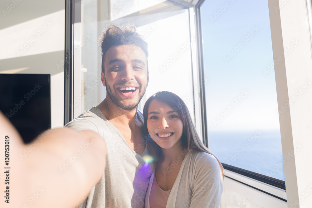 Φωτογραφία Young Couple Taking Selfie Photo Embracing Asian Woman And Hispanic Man Happy Sm
