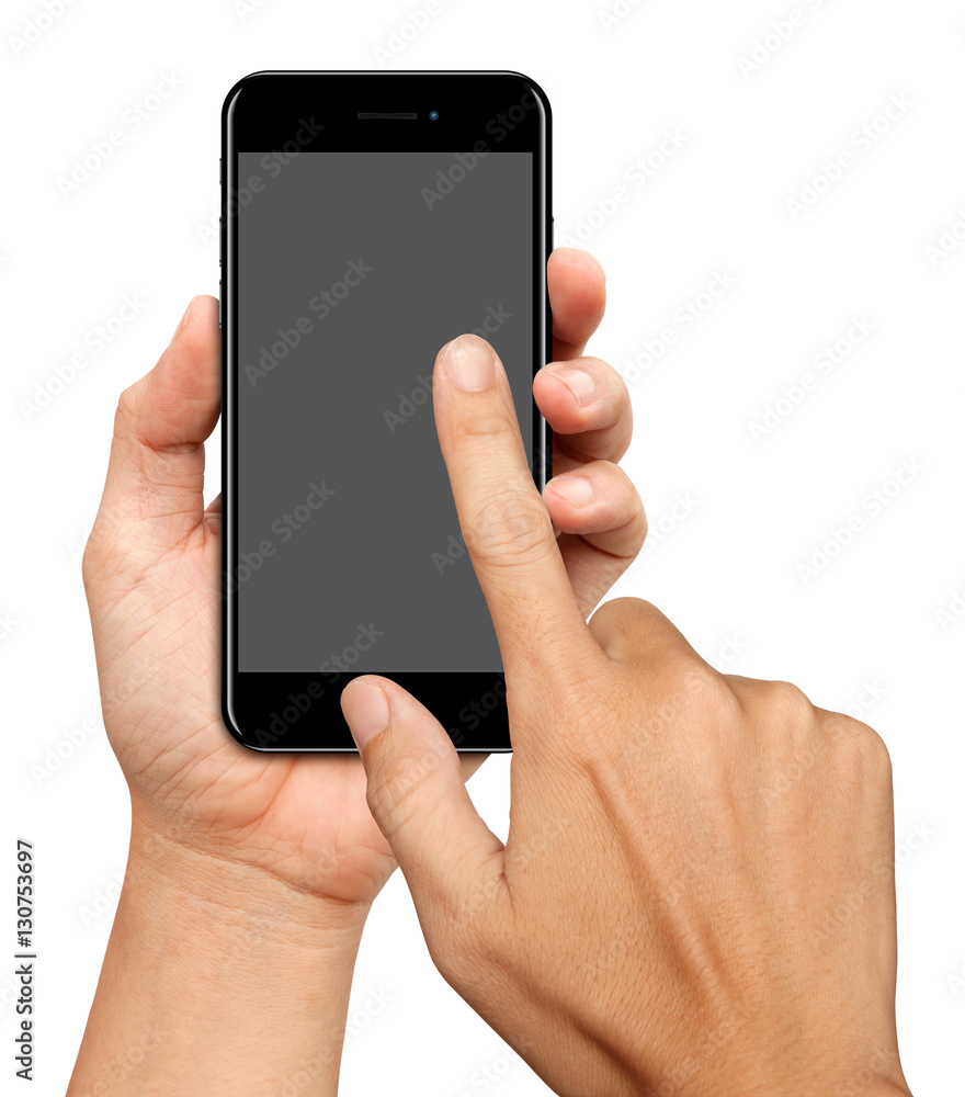 Hand hold and Touch on Curve Screen Smartphone on white backgrou Hand hold and Touch on Curve Screen Smartphone on white backgrou