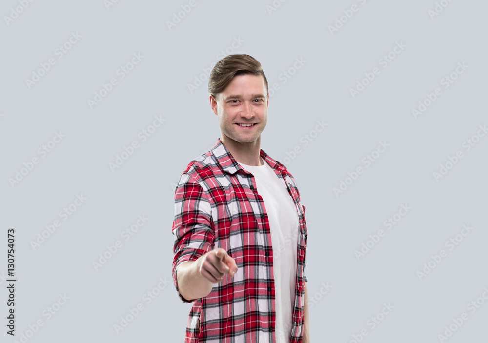 Casual Man Happy Smile Young Handsome Guy Point Finger At You Wear Checked Shirt Isolated Over Grey Background Casual Man Happy Smile Young Handsome Guy Point Finger At You Wear Checked Shirt Isolated Over Grey Background