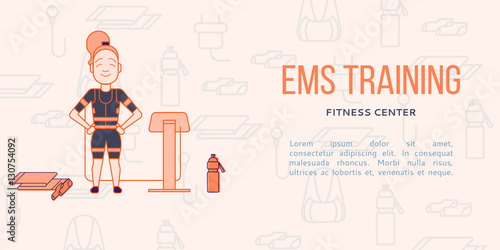 Ems training web banner or flyer in flat style. Electric muscular stimulating fitness concept. Personal trainer with equipment. Vector illustration