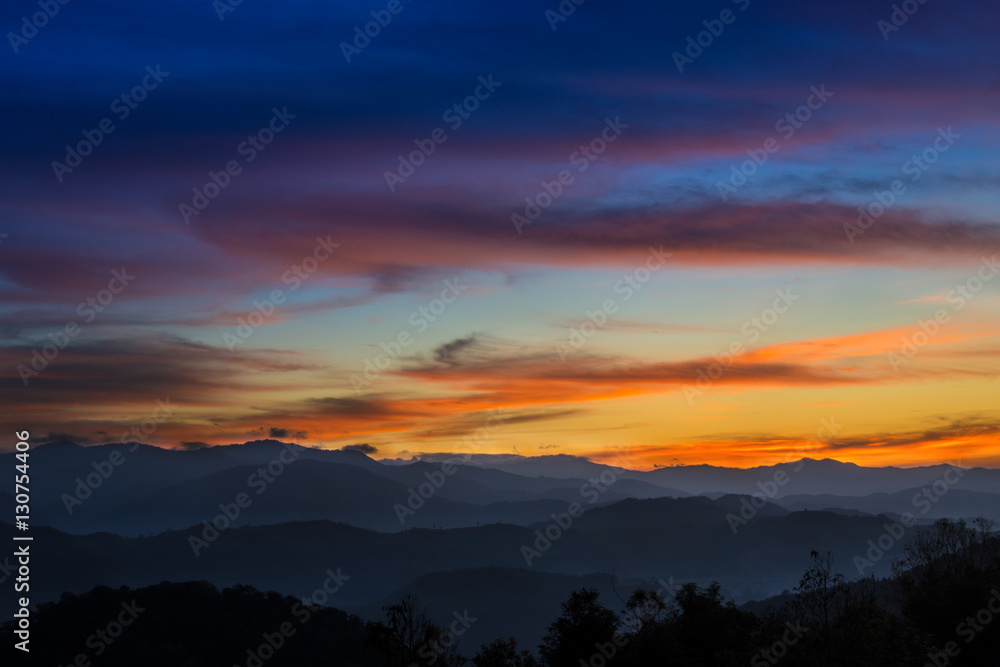 Sky scape scenic view from the top of mountain peak with beautiful cloudy sunset twilight sky, Tak, Thailand