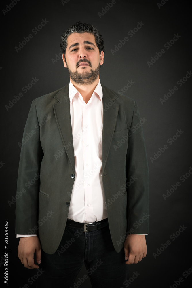 Handsome man doing different expressions in different sets of clothes: sad