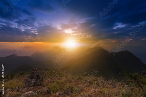 View from the highest mountain peak of Chiang Dao with beautiful cloudy sunset twilight sky, Chiang mai, Thailand