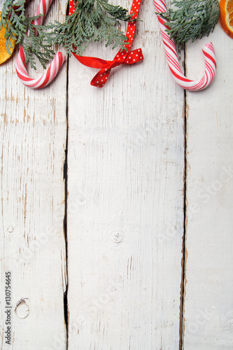 Christmas decoration on old grunge wooden board.Flat lay. top view