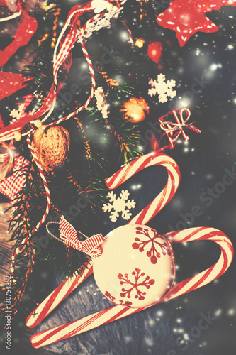 Vintage Christmas background with festive decoration. Flat lay,