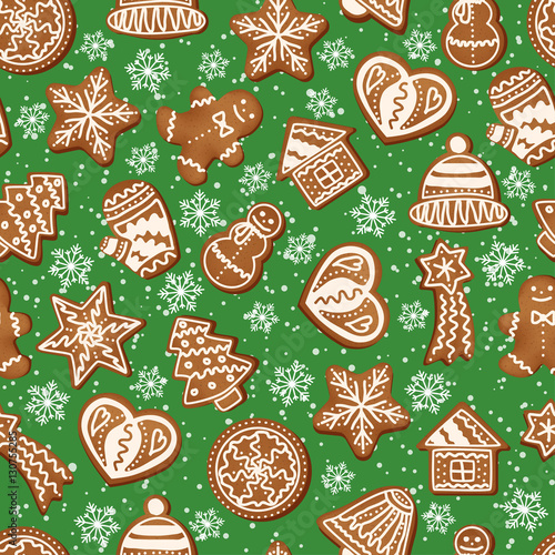 Christmas seamless pattern of snowflakes and gingerbread cookies.