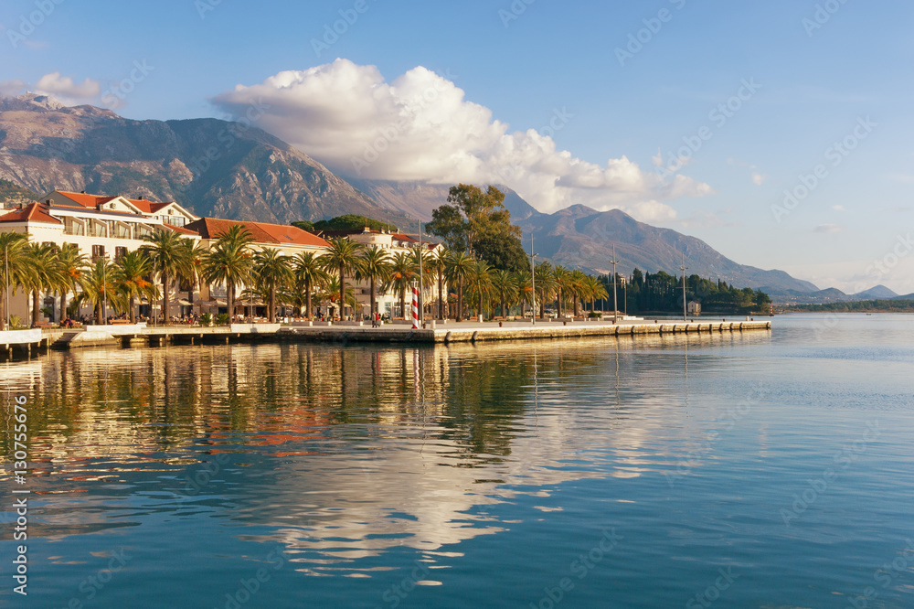 Sunny winter day. Embankment of  Tivat city, Montenegro