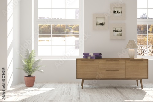 White living room interior with shelf