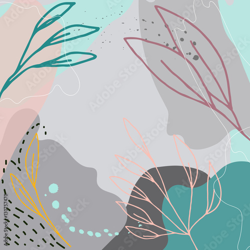Floral universal background with leaves outlines in pastel color