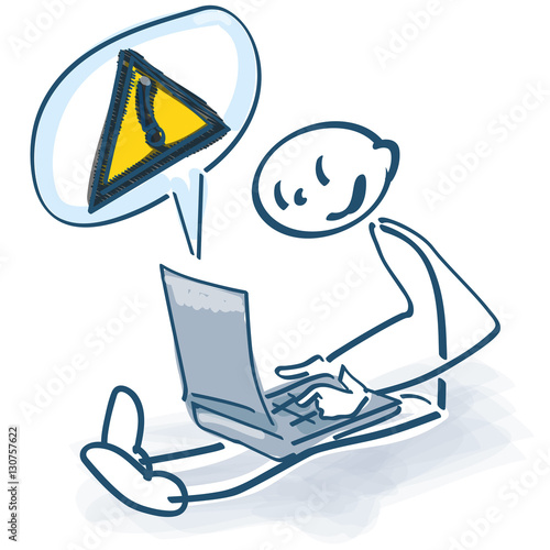 Strichmännchen mit Laptop und Rufzeichen
