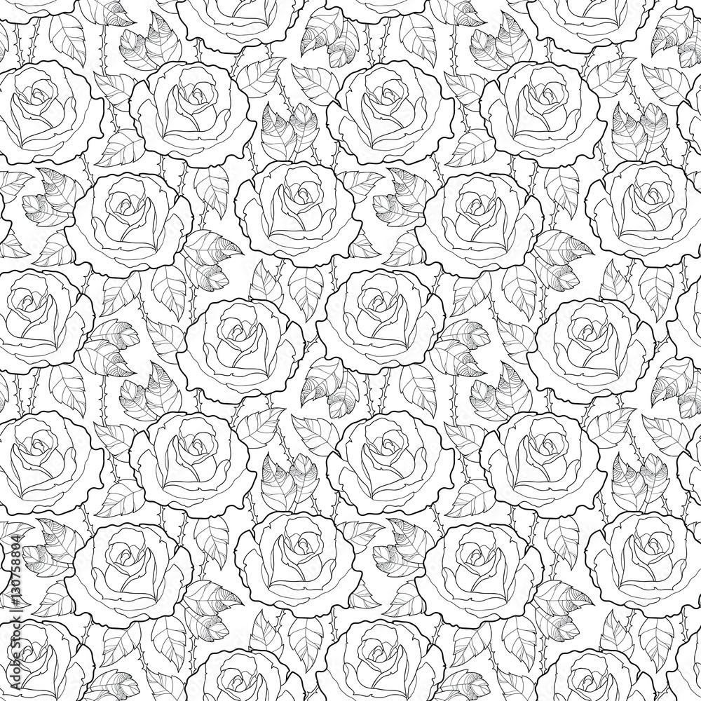 Vector seamless pattern with outline rose flower, stems and leaves in