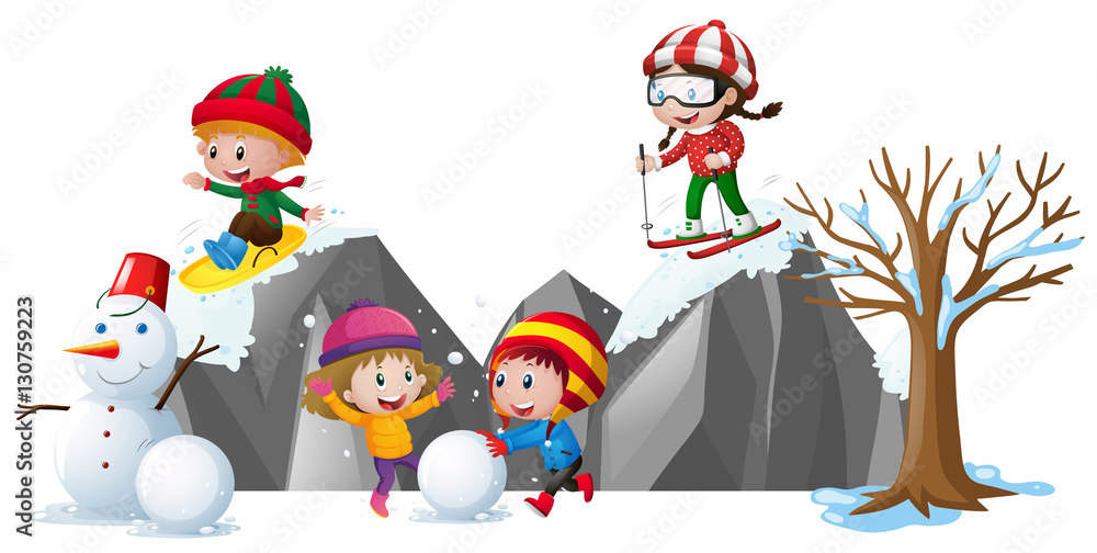 Fototapeta premium Children playing with snow in the field