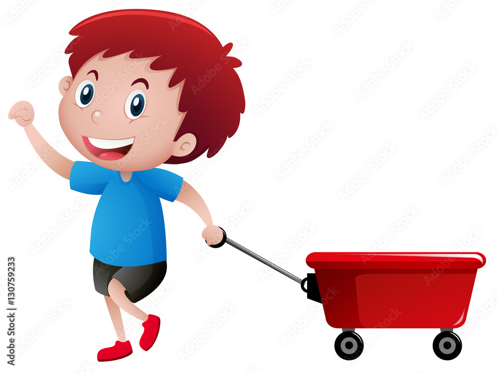 Happy boy pulling red wagon Happy boy pulling red wagon