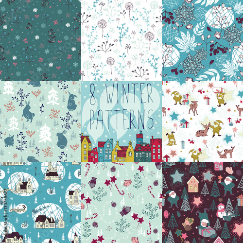 Patterns with Santa's helpers, snowflakes, houses, nature, bunny. 8 seamless patterns winter theme.