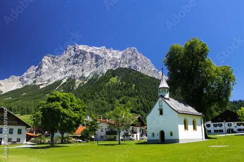church in Ehrwald village Austria view of near border of Germany highest mountain Zugspitze Alps
