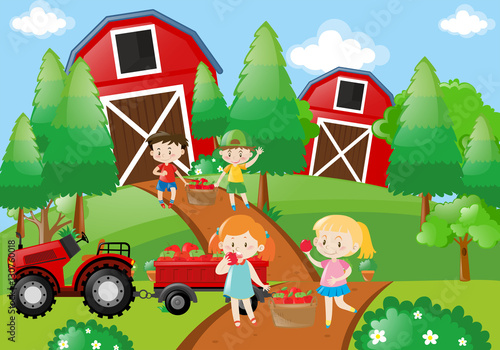 Children pick up fruit in the farm