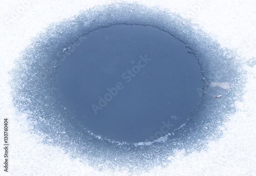 round big hole in thin ice on a lake in the park.