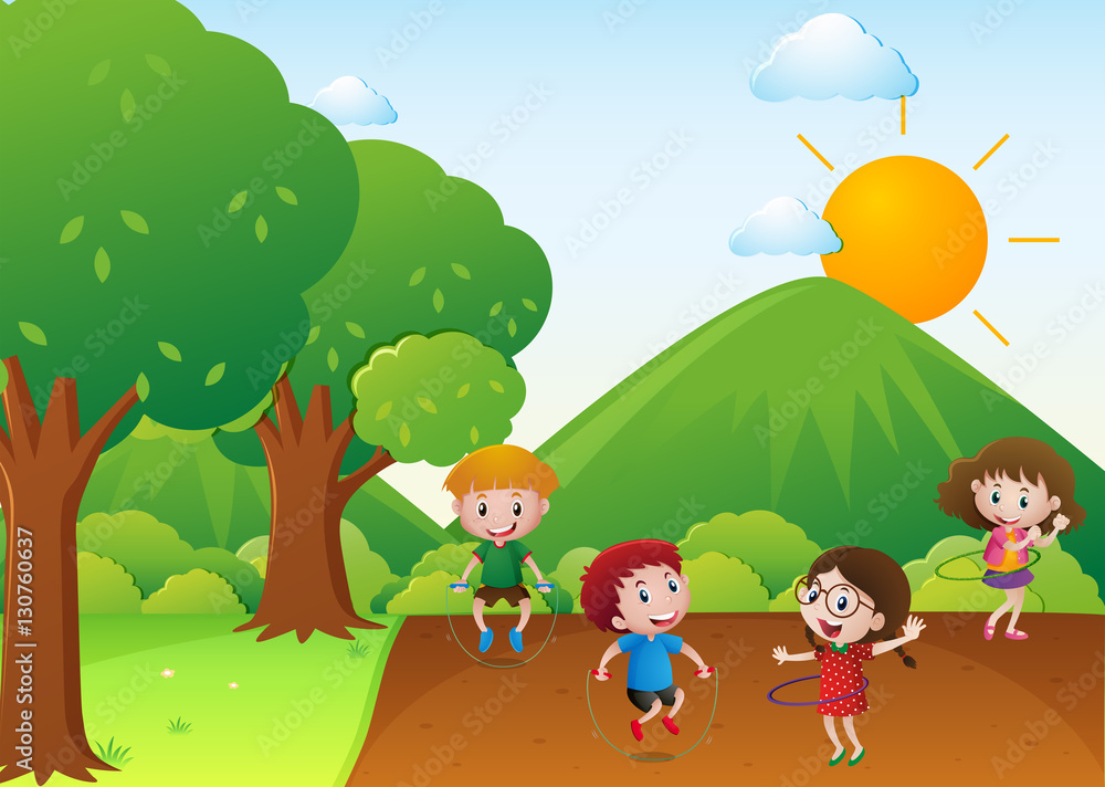 Four kids exercise in the park Four kids exercise in the park