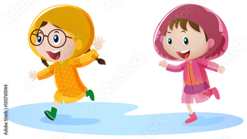 Two girls in raincoat running