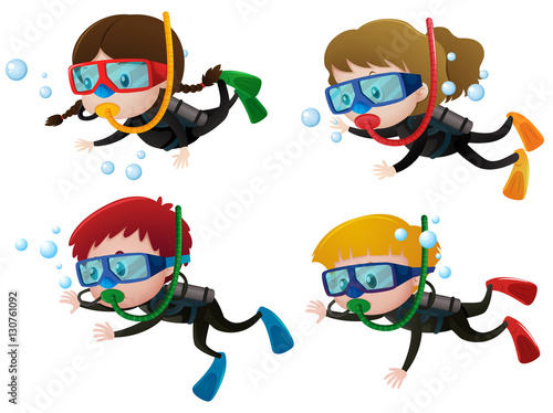 Four kids scuba diving underwater