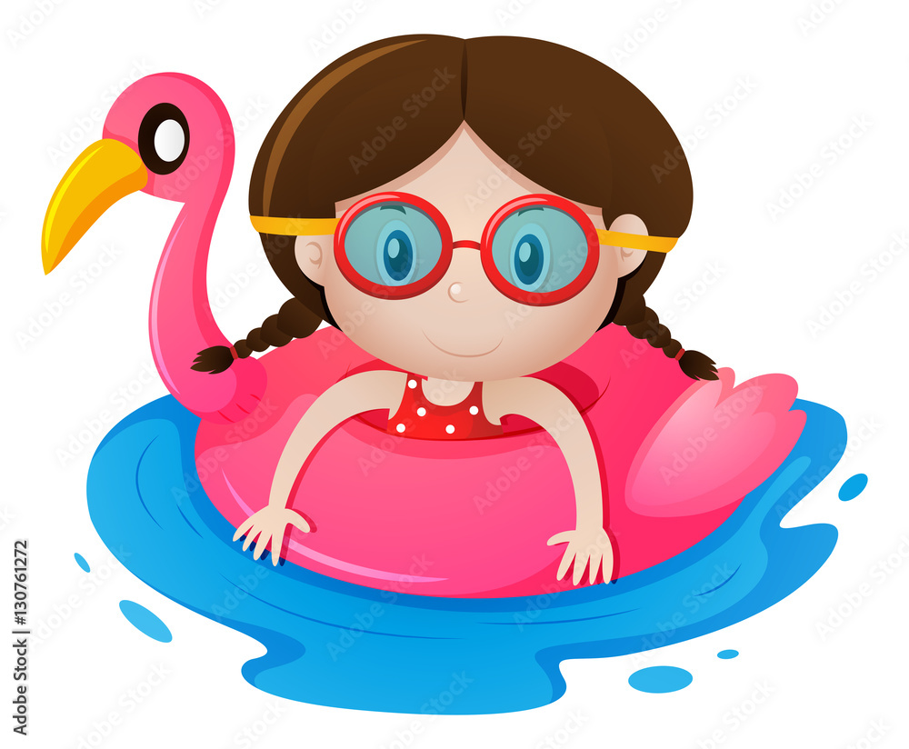Girl in rubber float shaped like flamingo