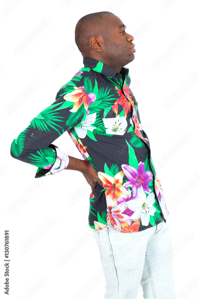 Handsome man doing different expressions in different sets of clothes: backache Handsome man doing different expressions in different sets of clothes: backache
