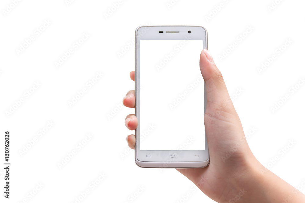 mobile phone in hand isolated on white background with clipping path