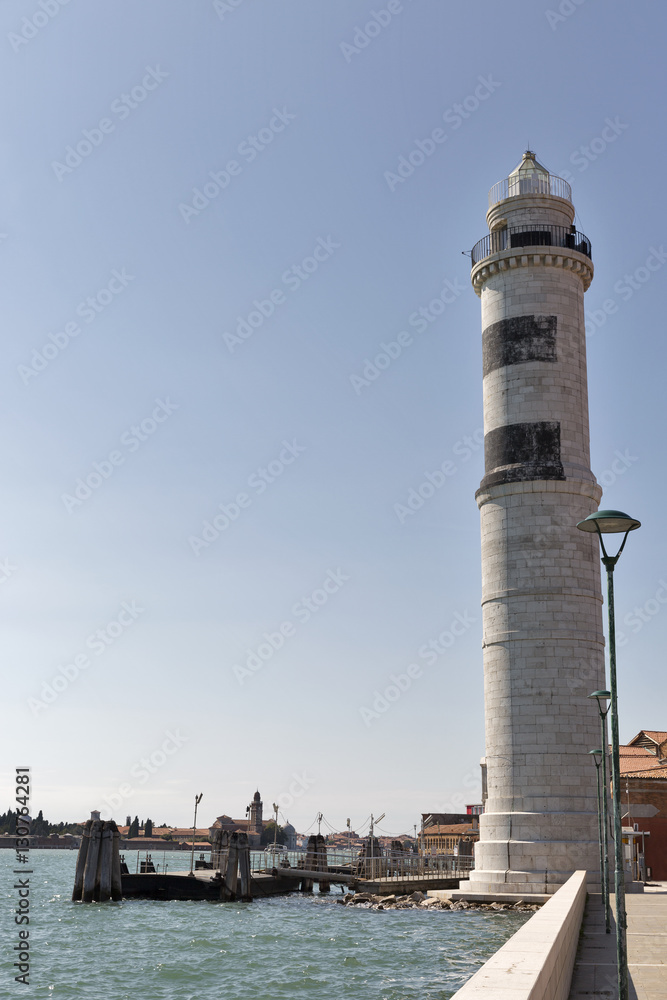 Vaporetto station Murano Faro and lighthouse, Venice.