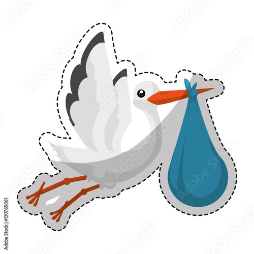 stork flying holding a bag with a baby icon over white background. colorful design. vector illustration