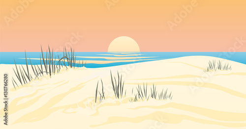 Vektor Illustration Sanddüne an einem See oder Meer mit Sonnenuntergang schöne Urlaubsstimmung