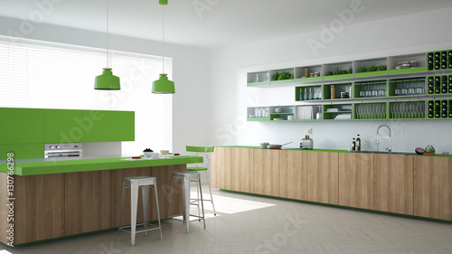 Scandinavian white kitchen with wooden and green details  minima