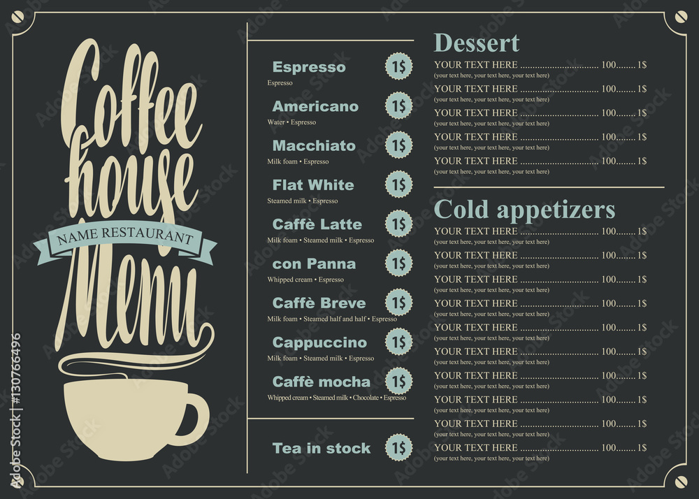 Vetor De Menu With Price List For The Coffee House With A Cup Do Stock