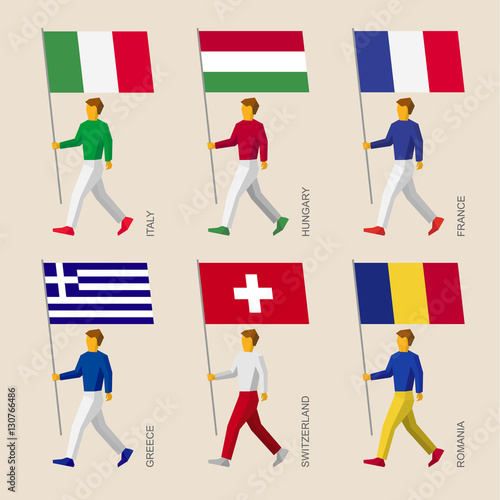 Set of simple flat people with flags of European countries. Standard bearers infographic - France, Romania, Hungary, Italy, Switzerland, Greece. 