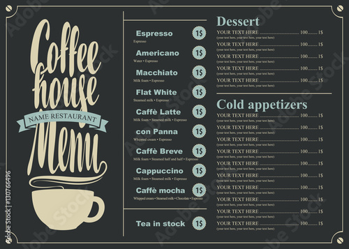 menu with price list for the coffee house with a cup