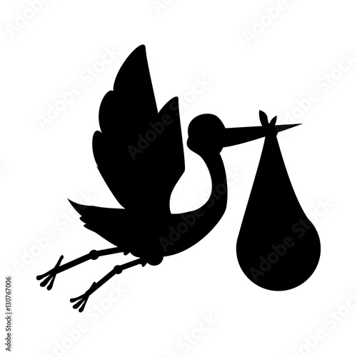 silhouette of stork flying holding a bag with a baby icon over white background. vector illustration