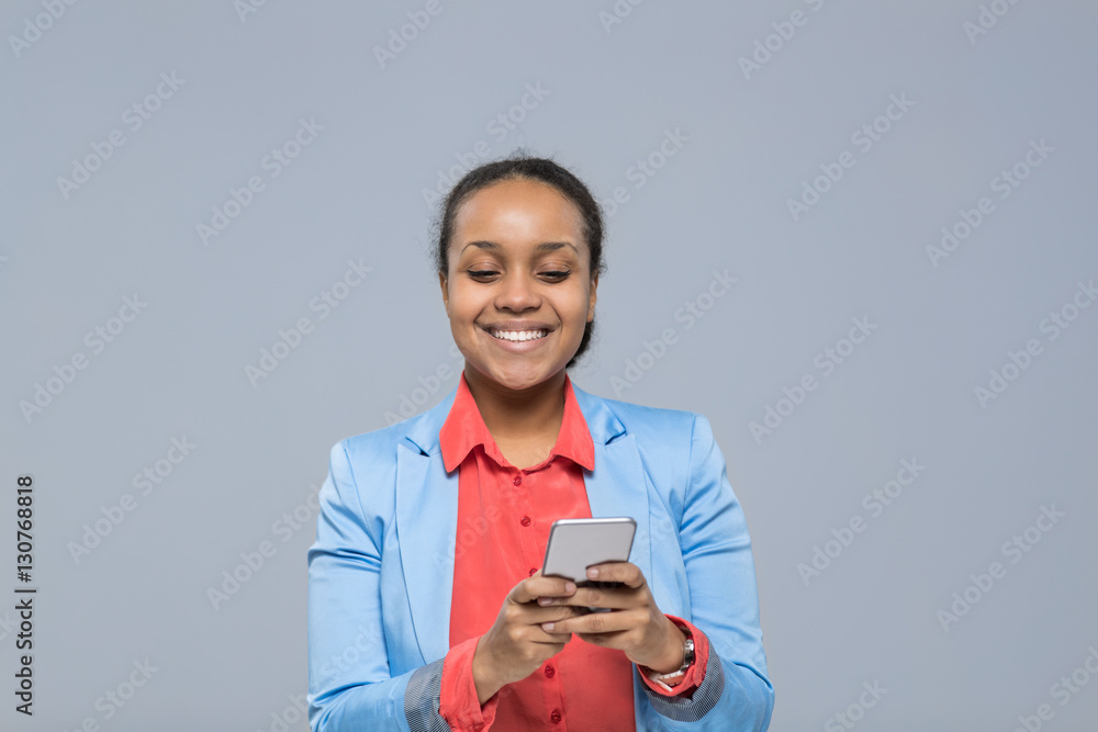 Young Business Woman Using Cell Smart Phone African American Girl Happy Smile Businesswoman Isolated Over Gray Background