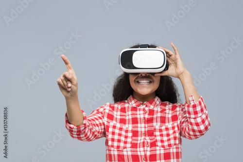 Young Woman Wear Virtual Reality Digital Glasses African American Girl Happy Smile Isolated Over Gray Background