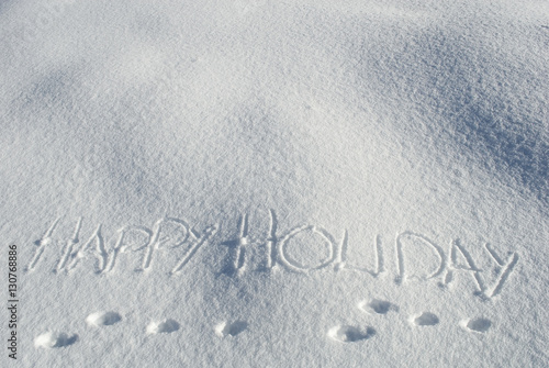 Impronta lepre e scritta Happy Holiday sulla neve fresca delle montagne della Svizzera