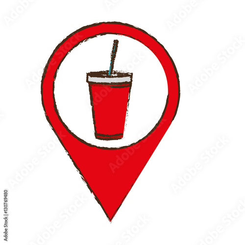 pin with soda drink disposable cup with straw icon over white background. colorful design. vector illustration
