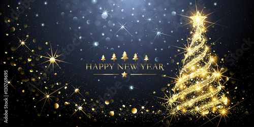 Greeting Card Golden Christmas Tree. Vector