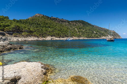 Seascape of beach of Assos village and beautiful sea bay, Kefalonia, Ionian islands, Greece