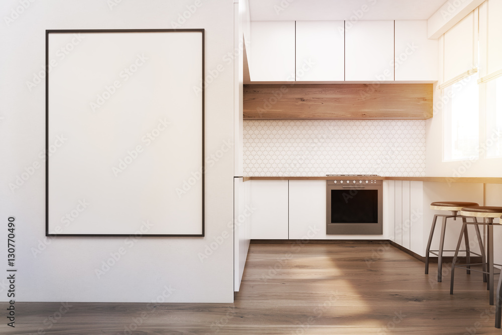 Fototapeta premium White kitchen with poster, toned