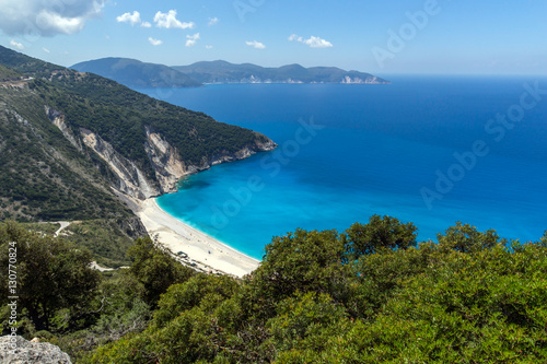 Blue water of beautiful Myrtos beach  Kefalonia  Ionian islands  Greece