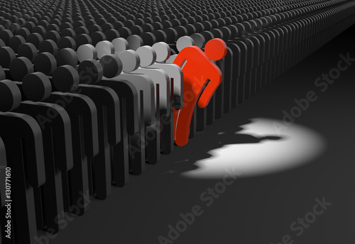 Person looks out from the crowd. 3d illustration